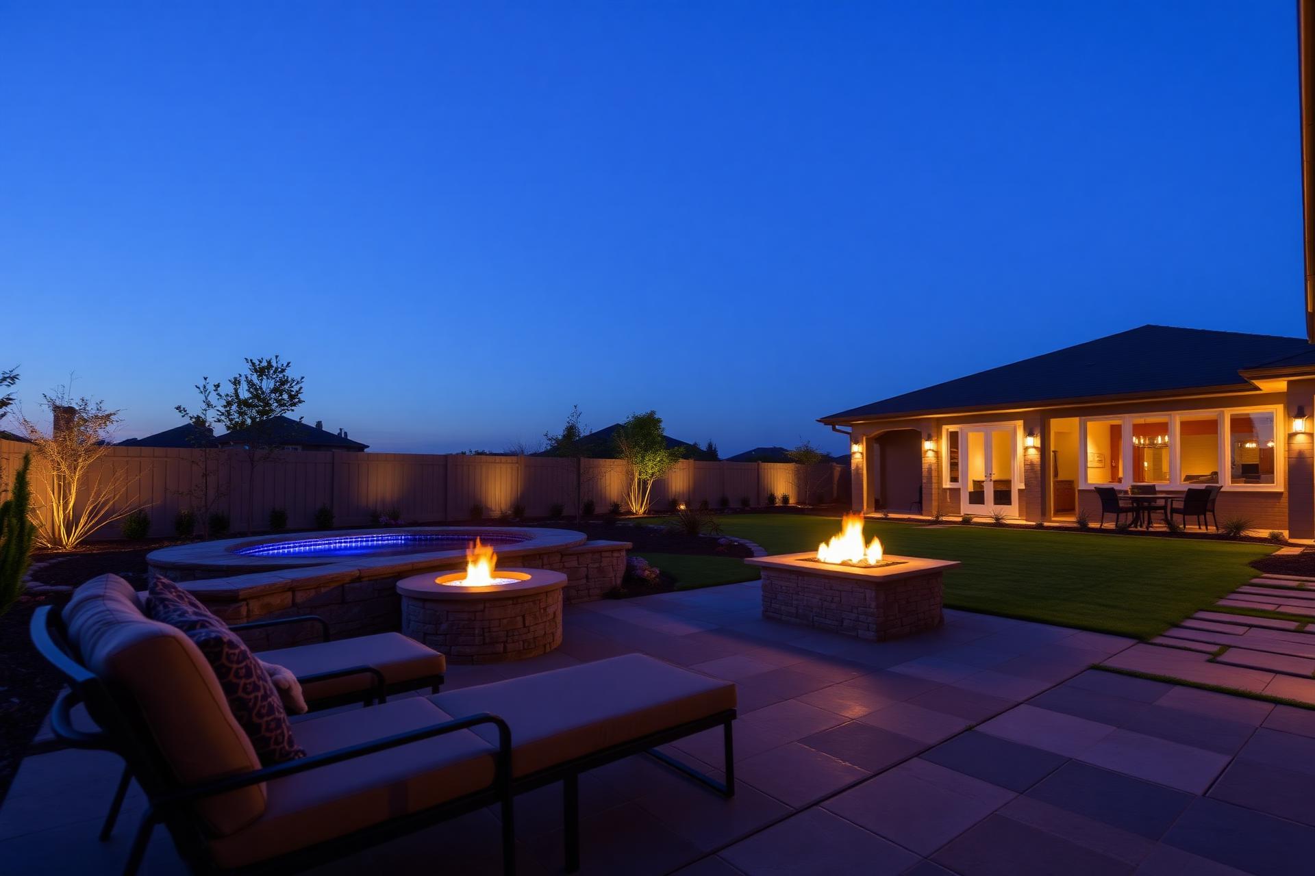 Luxury backyard with stone patio and fire features at dusk